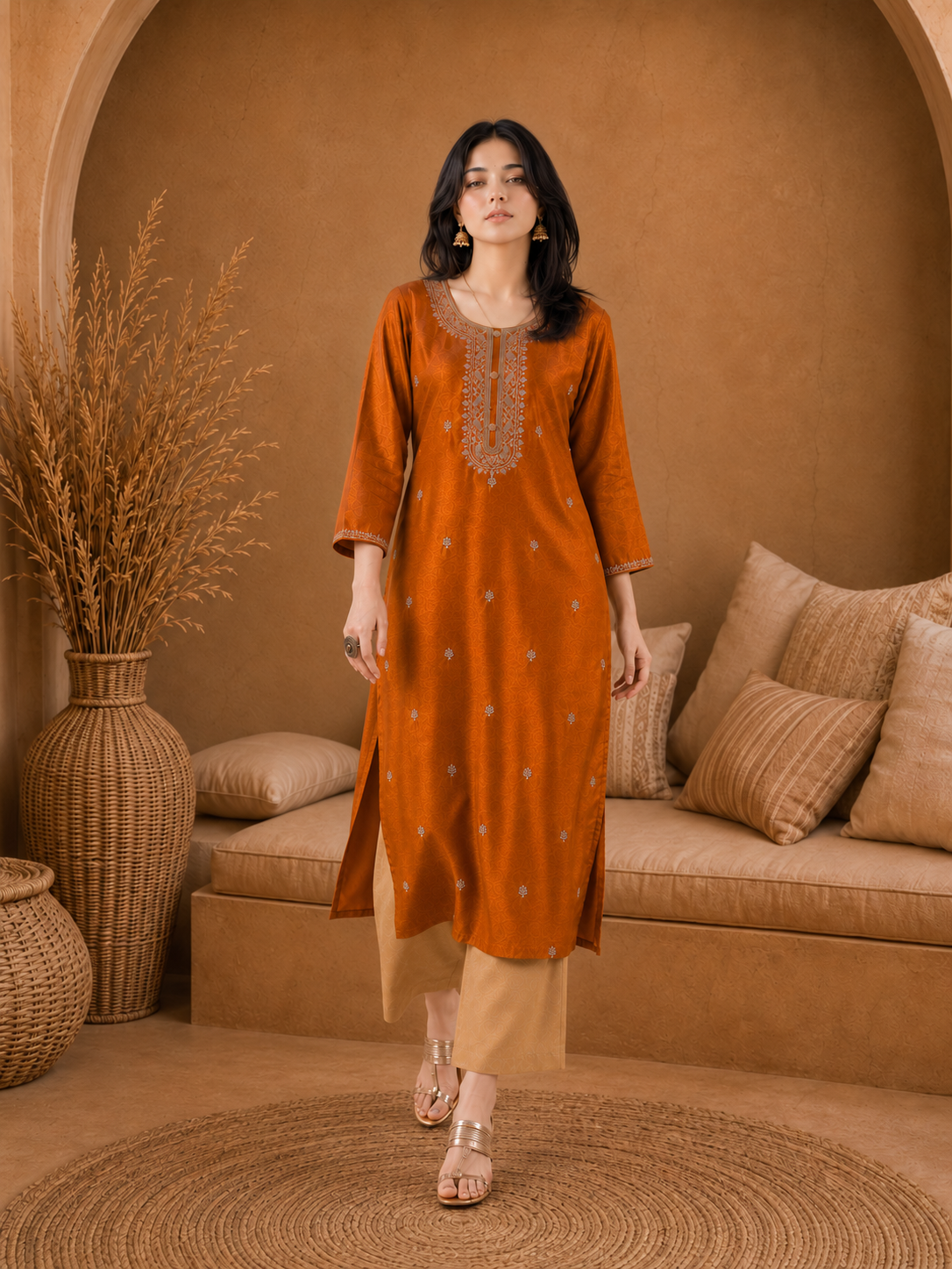 Rust-Embroiderd-Straight-Festive Kurta