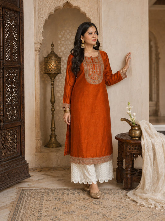 Burnt Orange Zari Button Silk Kurta