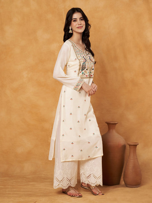Cream Embroidered Full-Sleeve Silk Kurta (Style 605)