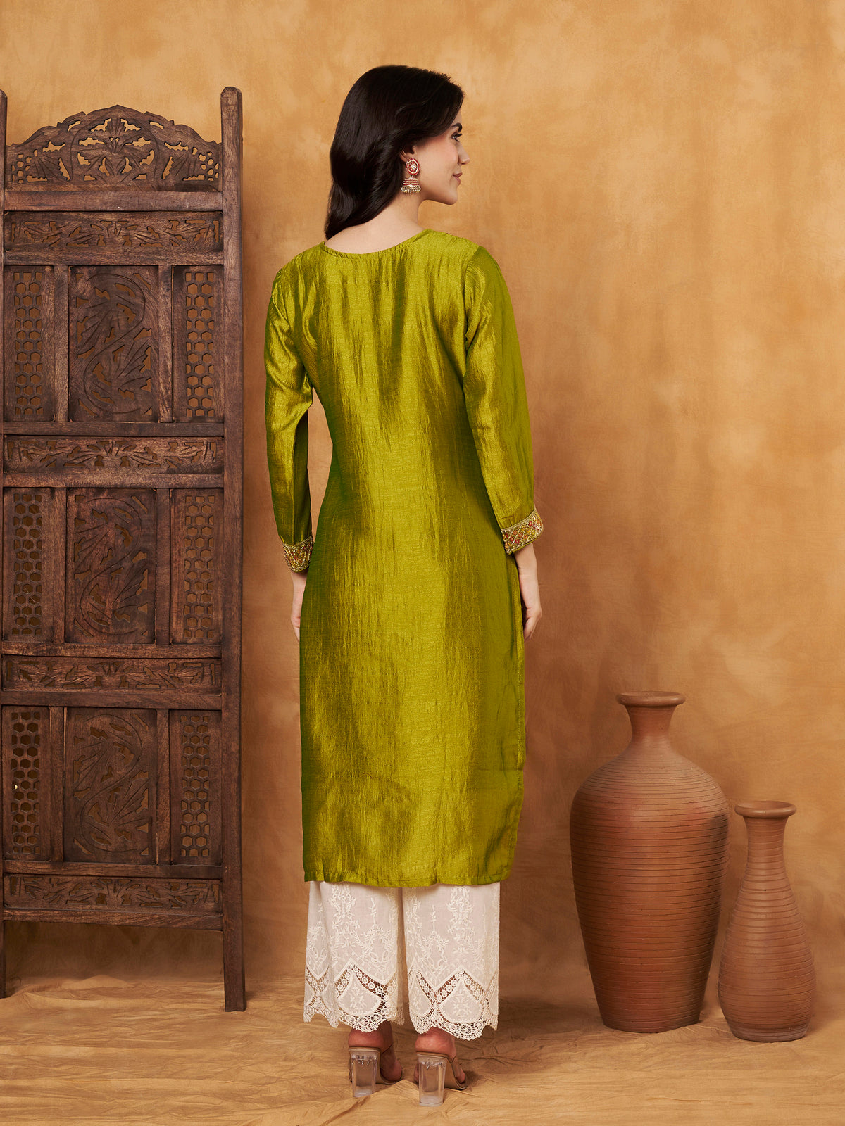 Green Embroidered Full-Sleeve Silk Kurta (Style 605)