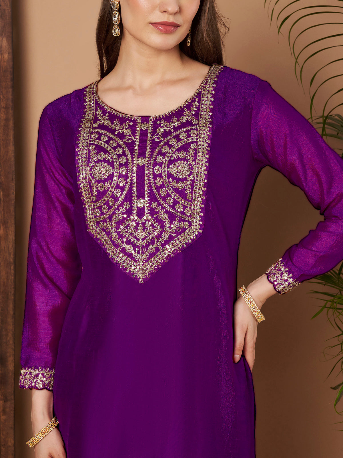 Purple Embroidered 3/4-Sleeve Silk Kurta (Style 109)