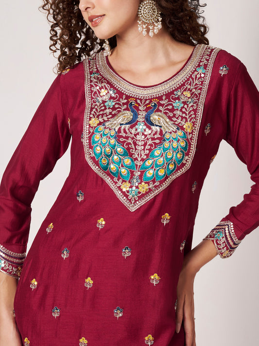 Cherry Red Peacock-Motif Embroidered Vichitra Silk Kurta