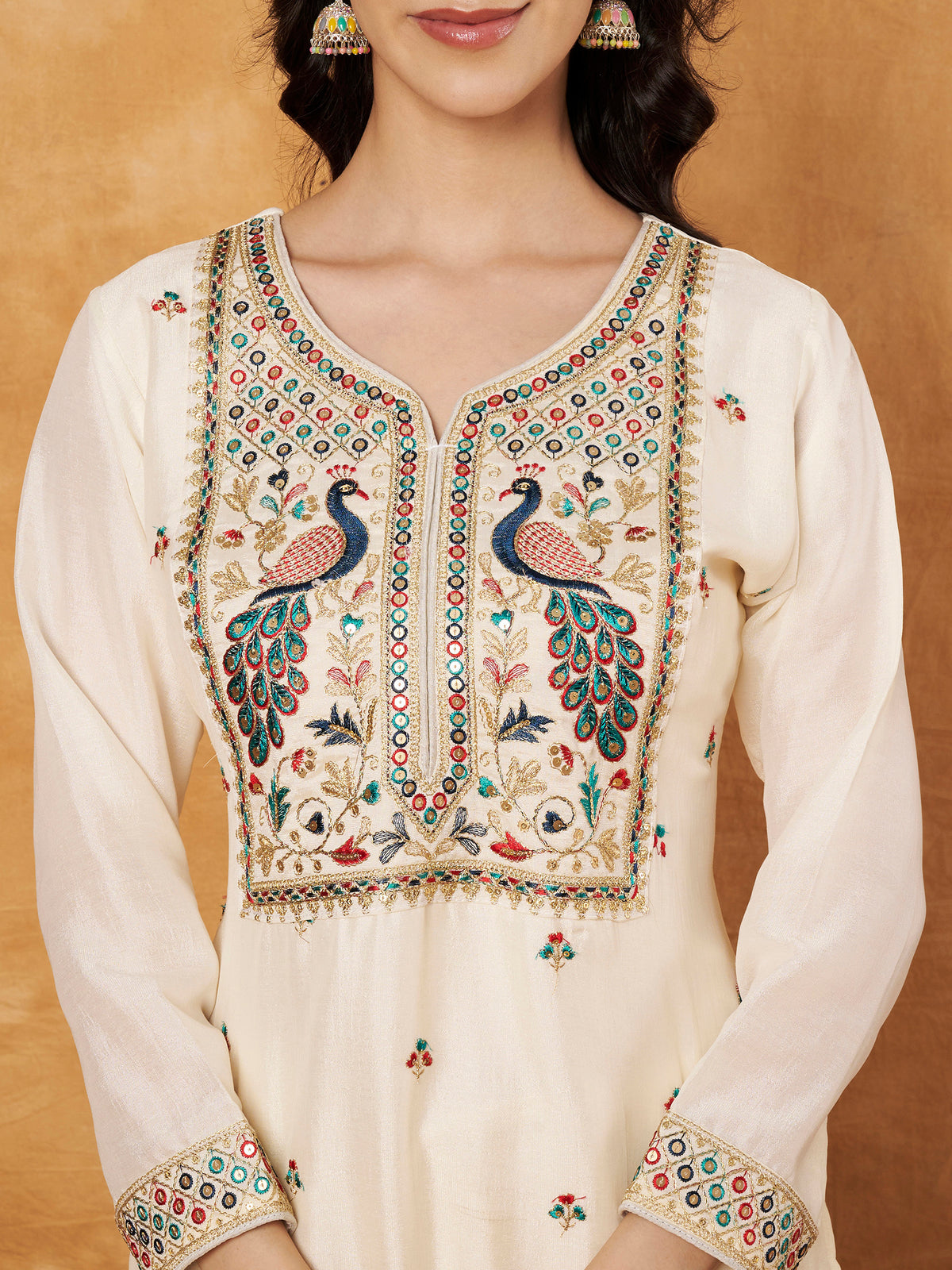 Cream Embroidered Full-Sleeve Silk Kurta (Style 605)