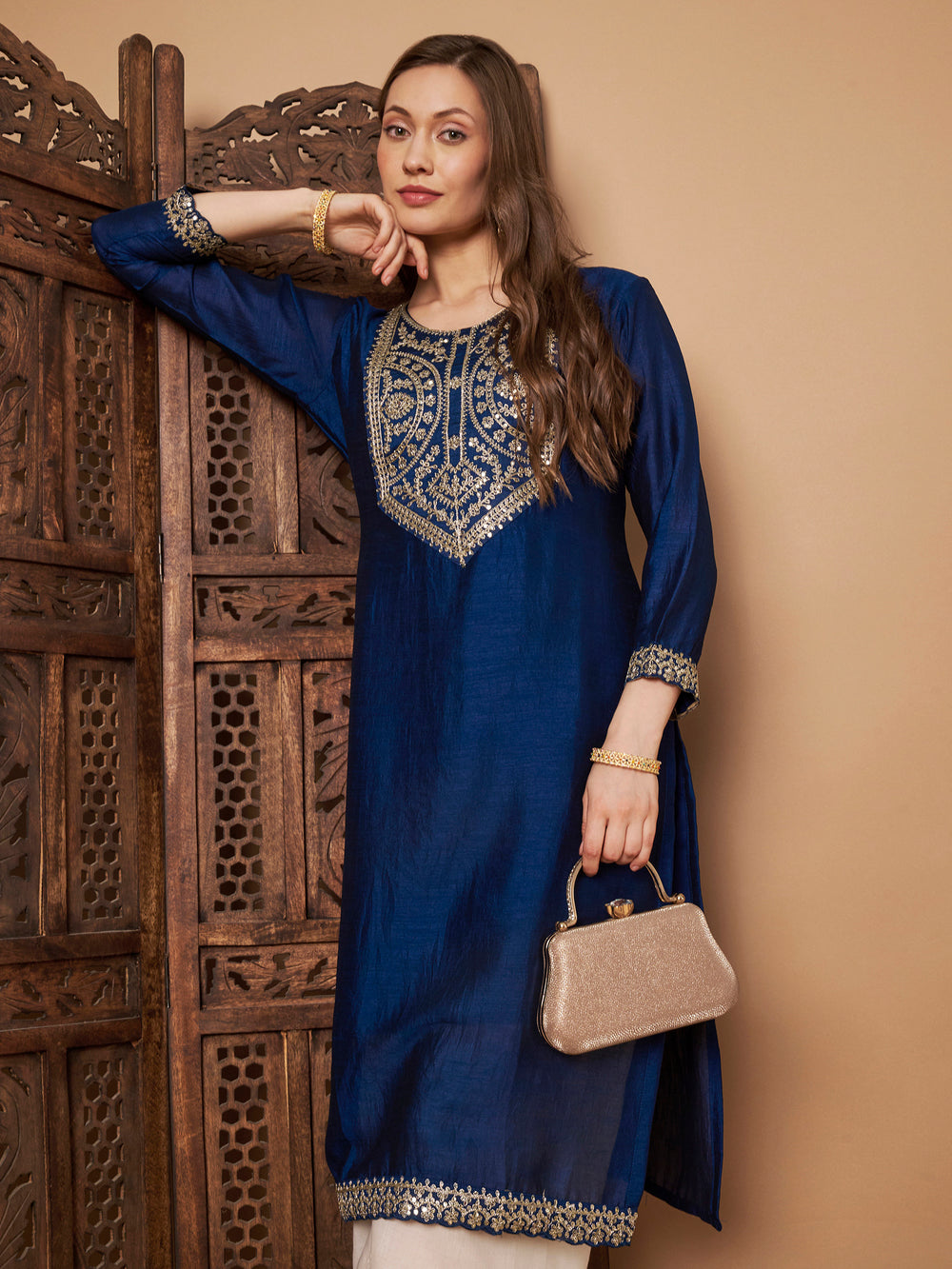 Embroidered 3/4-Sleeve Silk Kurta (Style 109)