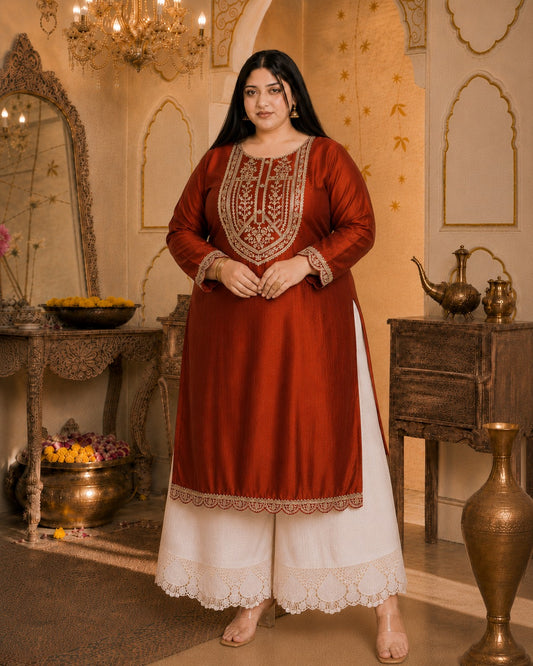 Rust Big-Button Full-Sleeve Vichitra Silk Kurta