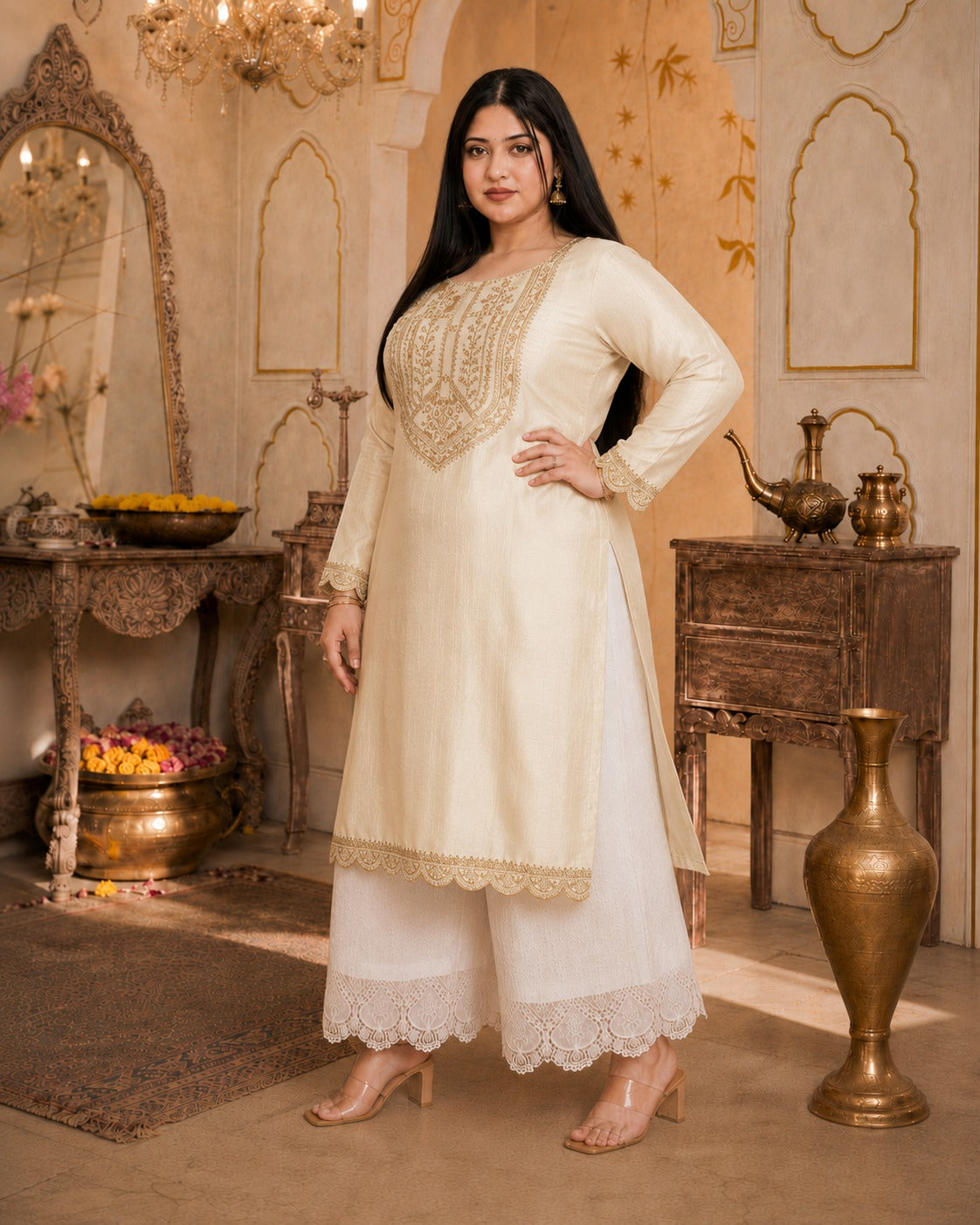 Big-Button Full-Sleeve Vichitra Silk Kurta