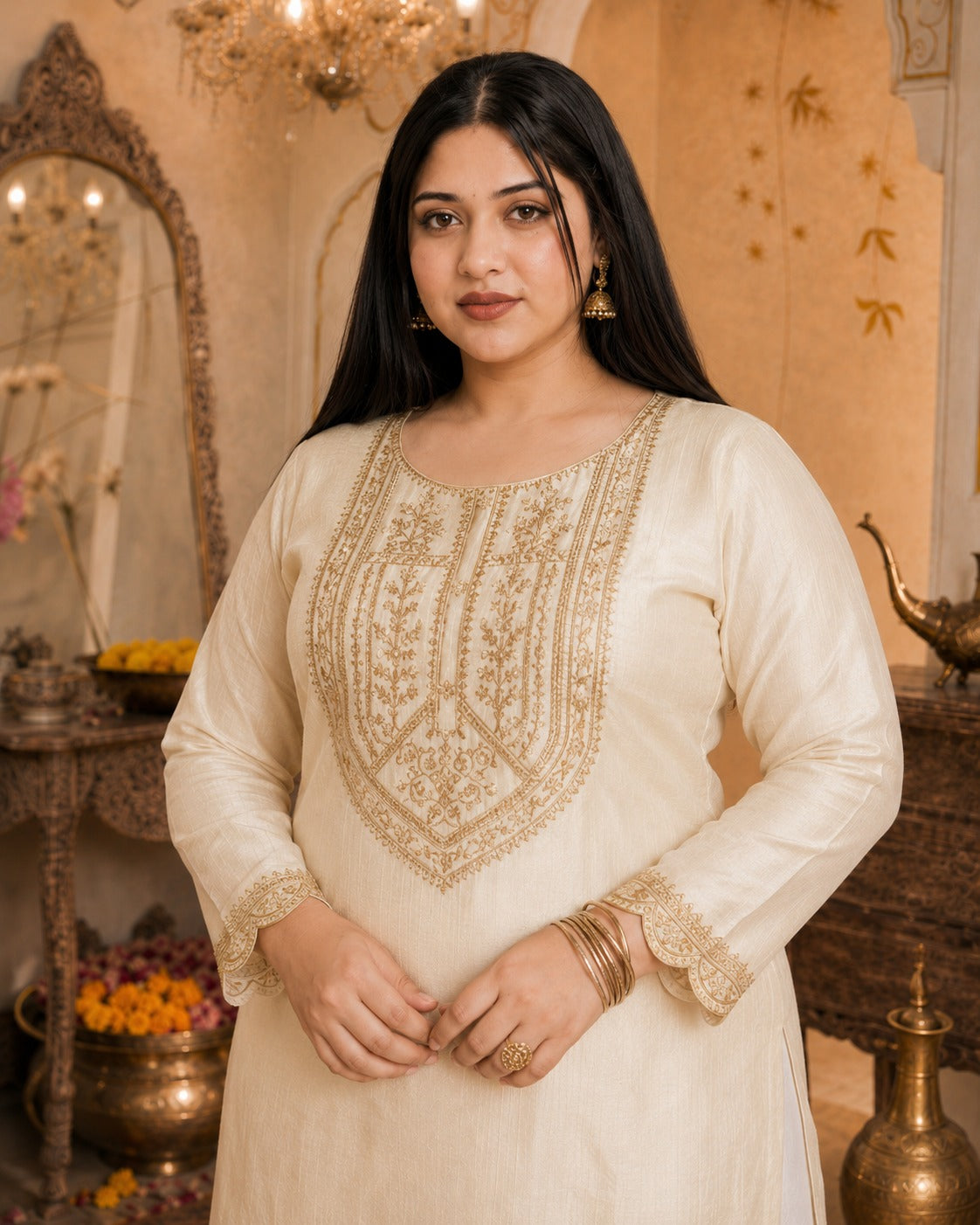 Cream Big-Button Full-Sleeve Vichitra Silk Kurta