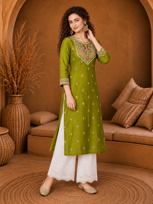 Green Twin Peacock Zari Embroidered Silk Kurta