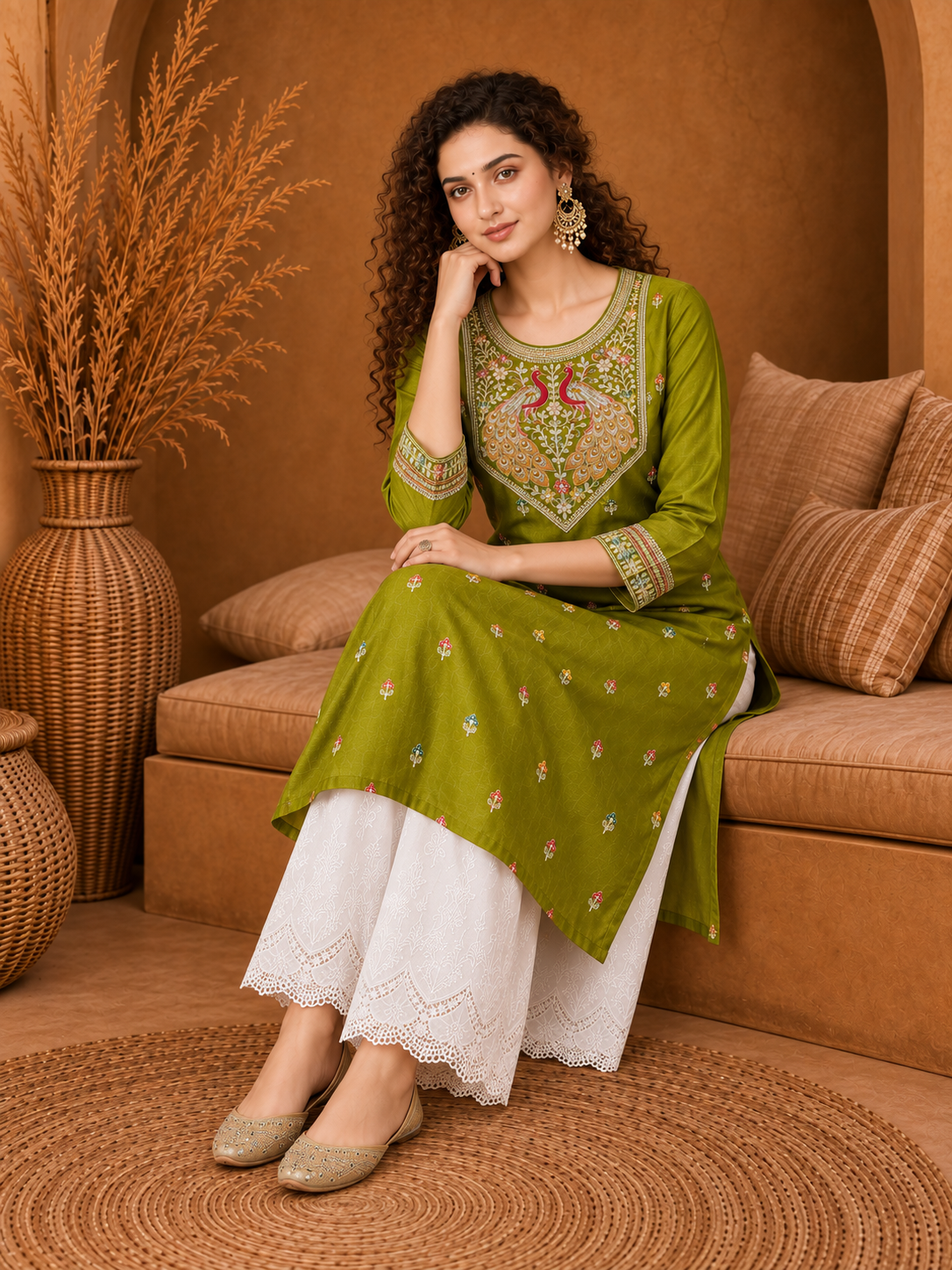 Green Twin Peacock Zari Embroidered Silk Kurta