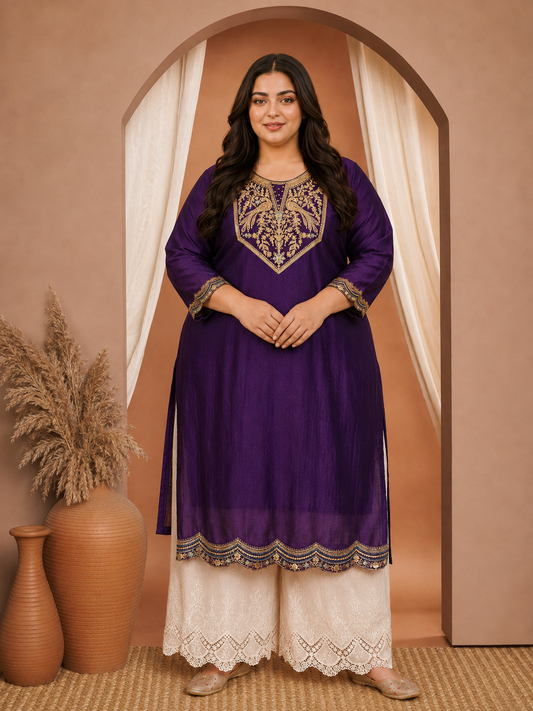 Purple Peacock Embroidered Vichitra Silk Kurta