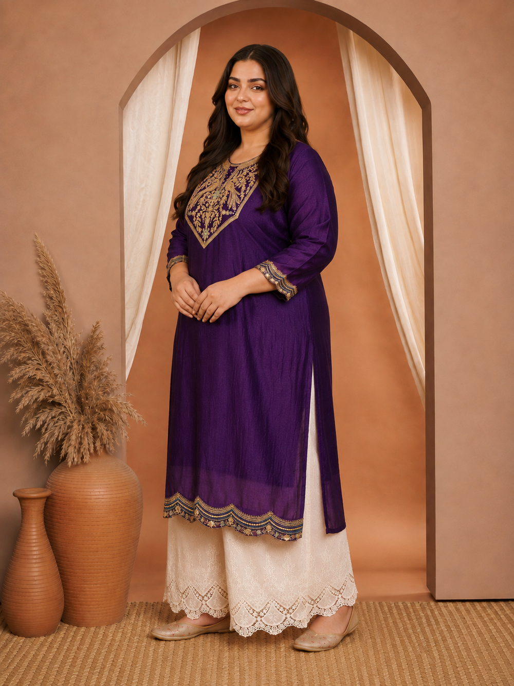 Purple Peacock Embroidered Vichitra Silk Kurta