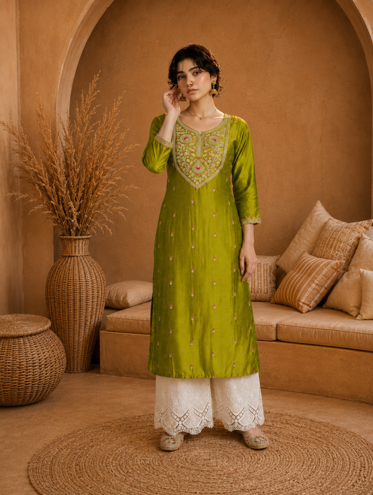 Green Heritage Zari Yoke Silk Kurta