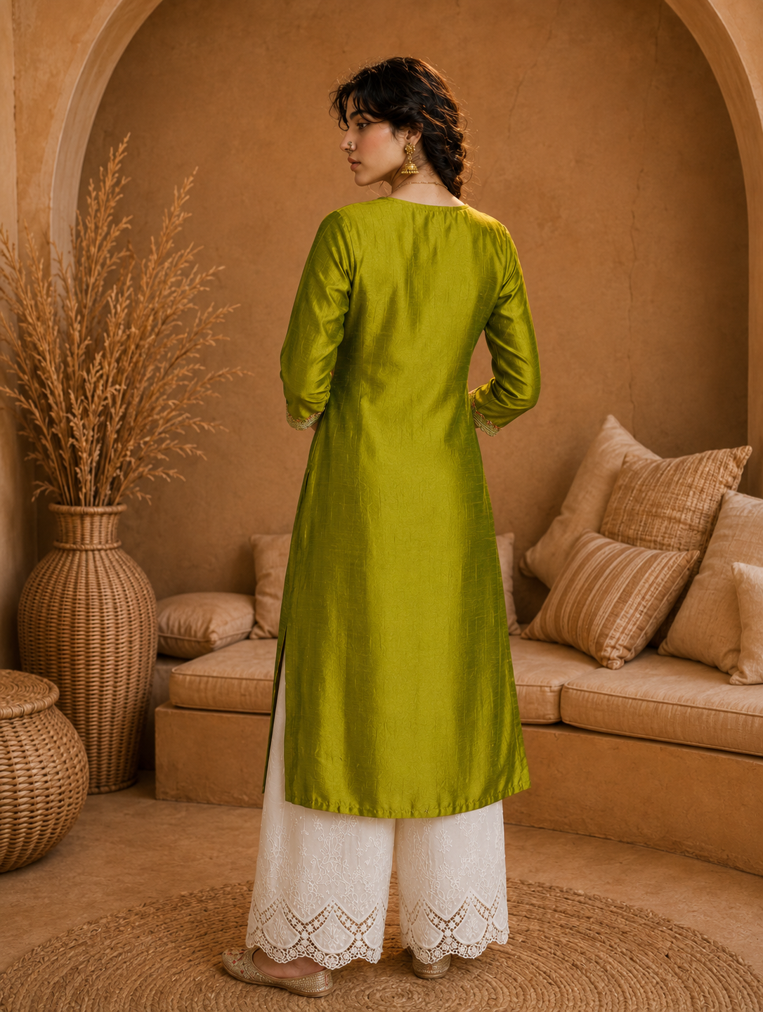 Green Heritage Zari Yoke Silk Kurta