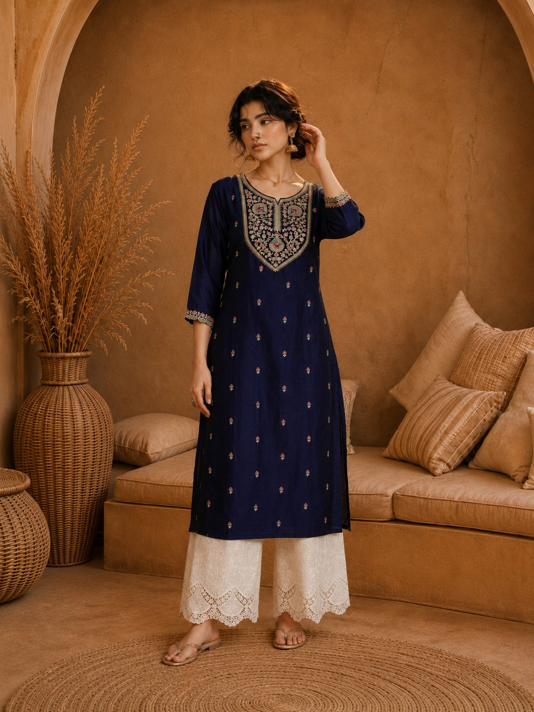 Blue Heritage Zari Yoke Silk Kurta