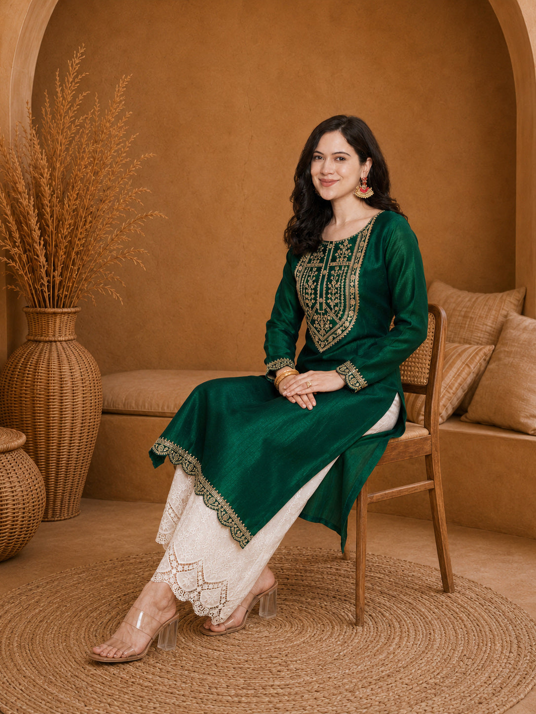 Green-Yoke Full-Sleeve Vichitra Silk Kurta