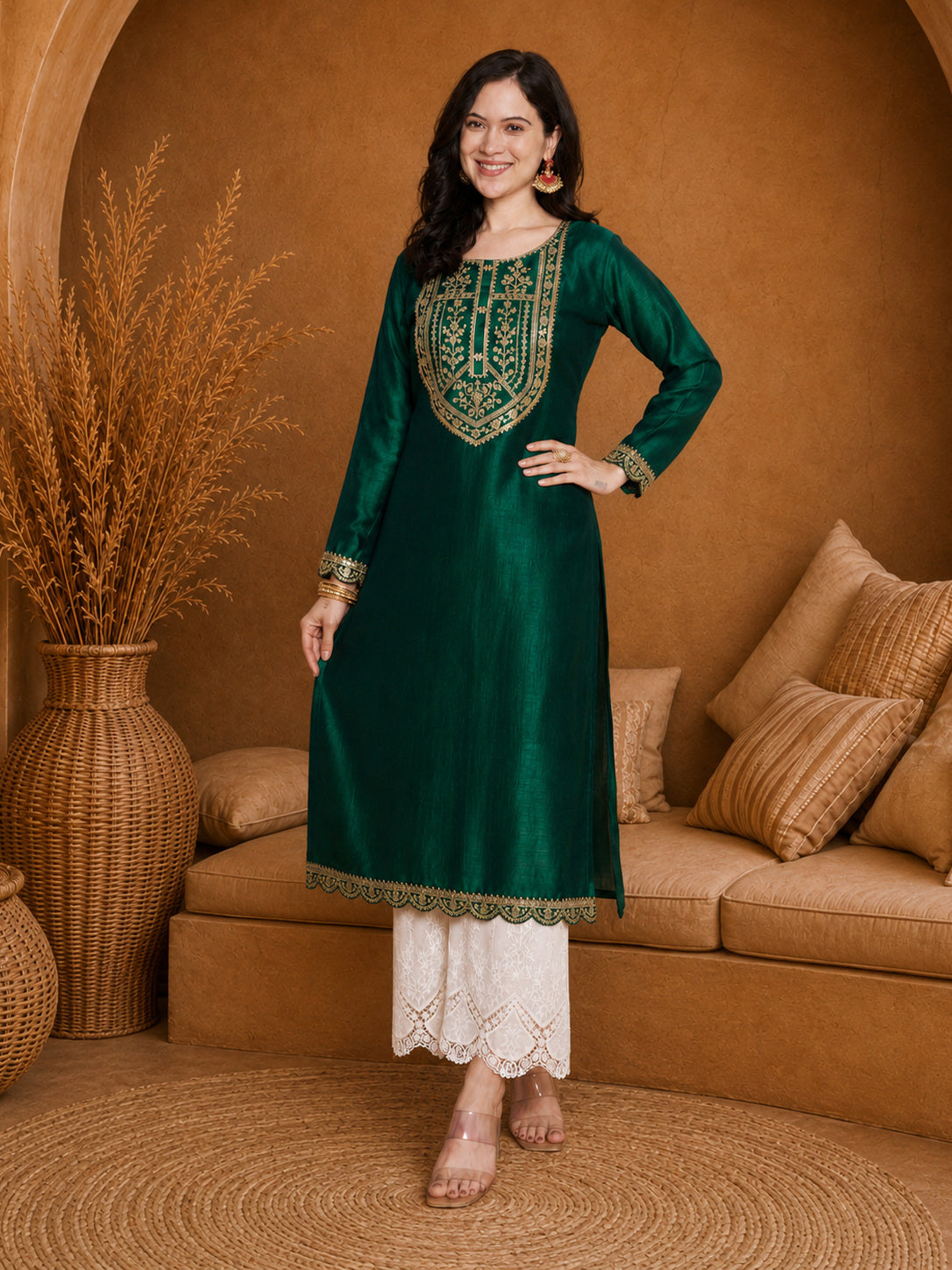 Green-Yoke Full-Sleeve Vichitra Silk Kurta