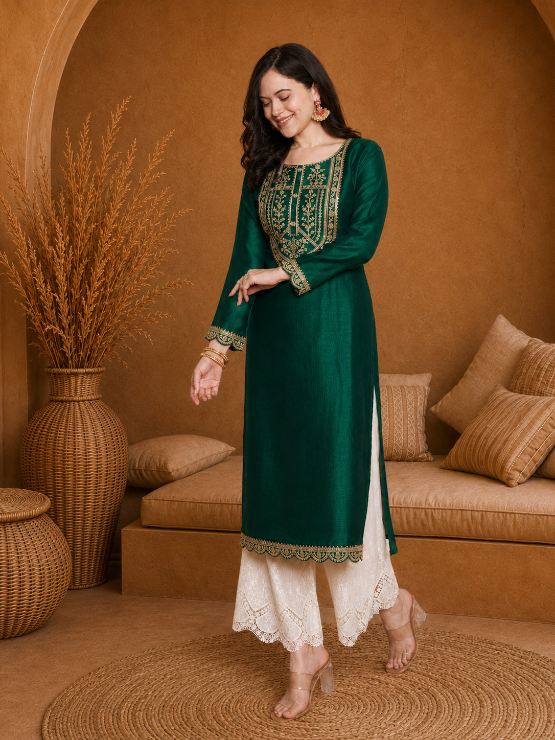 Green-Yoke Full-Sleeve Vichitra Silk Kurta