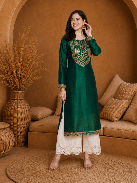 Green-Yoke Full-Sleeve Vichitra Silk Kurta