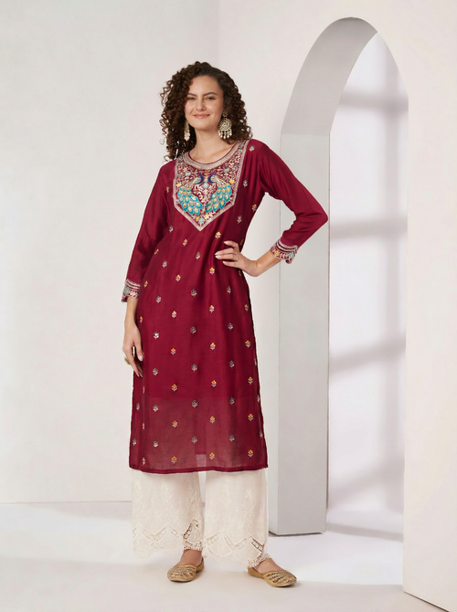 Cherry Red Peacock-Motif Embroidered Vichitra Silk Kurta
