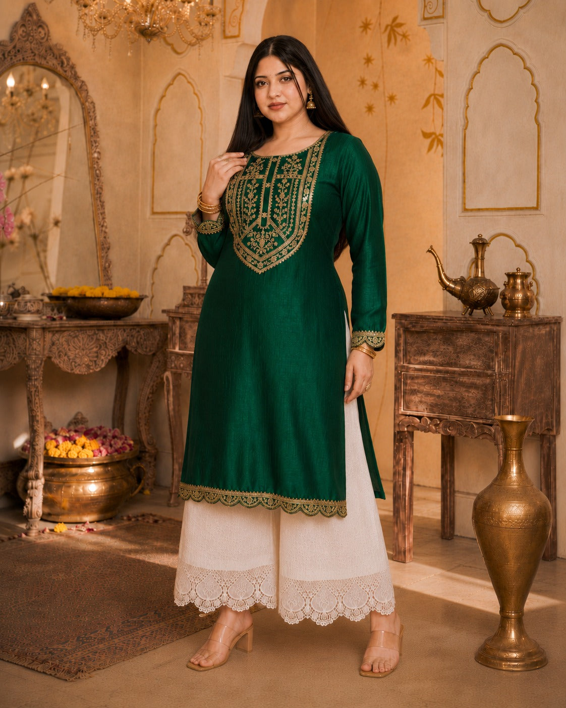 Green Big-Button Full-Sleeve Vichitra Silk Kurta