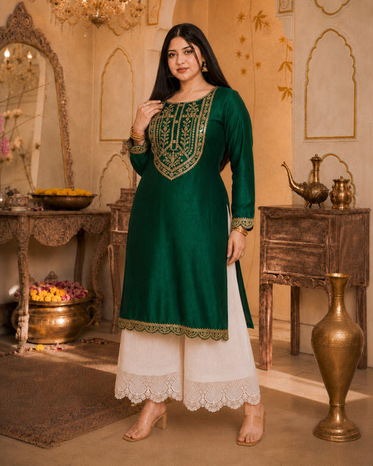 Green Big-Button Full-Sleeve Vichitra Silk Kurta