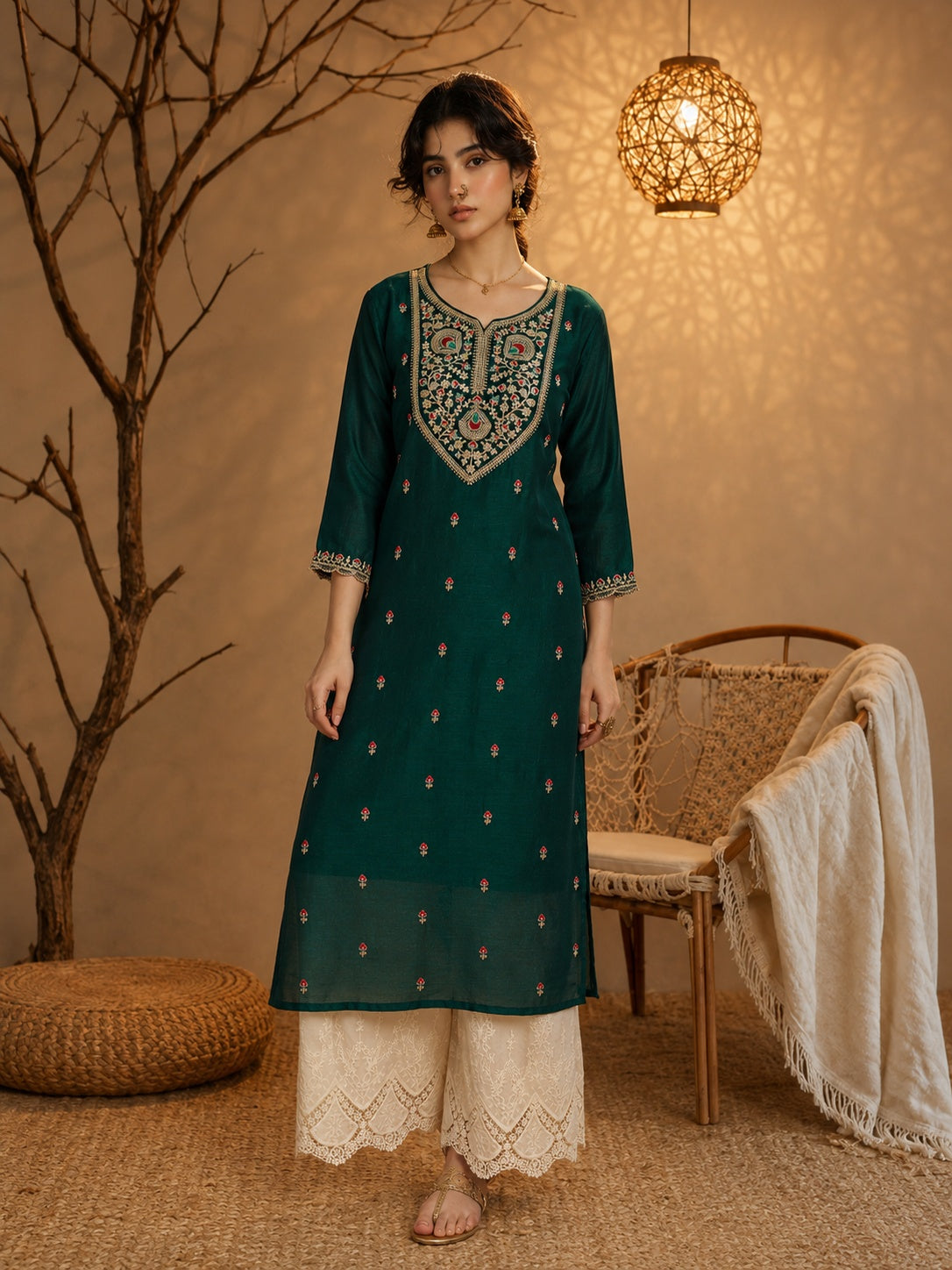 Dark Green Heritage Zari Yoke Silk Kurta
