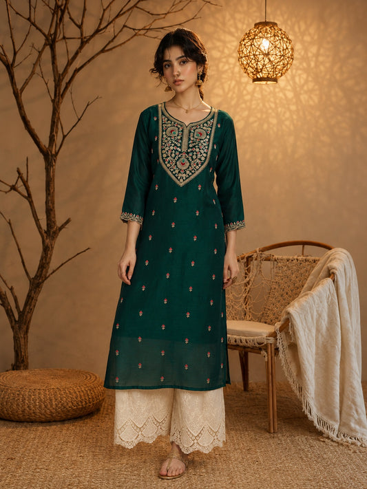 Dark Green Heritage Zari Yoke Silk Kurta