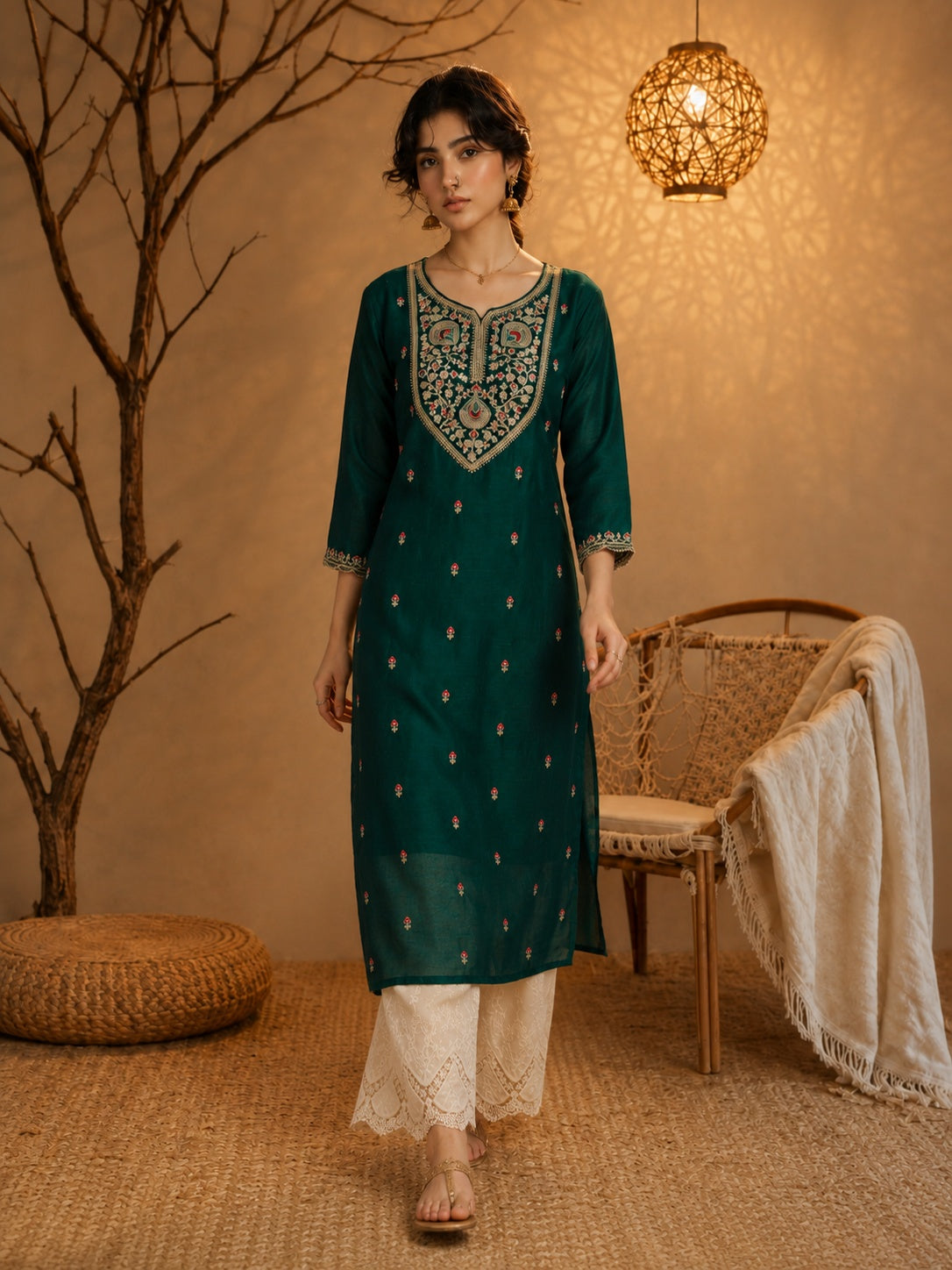 Dark Green Heritage Zari Yoke Silk Kurta