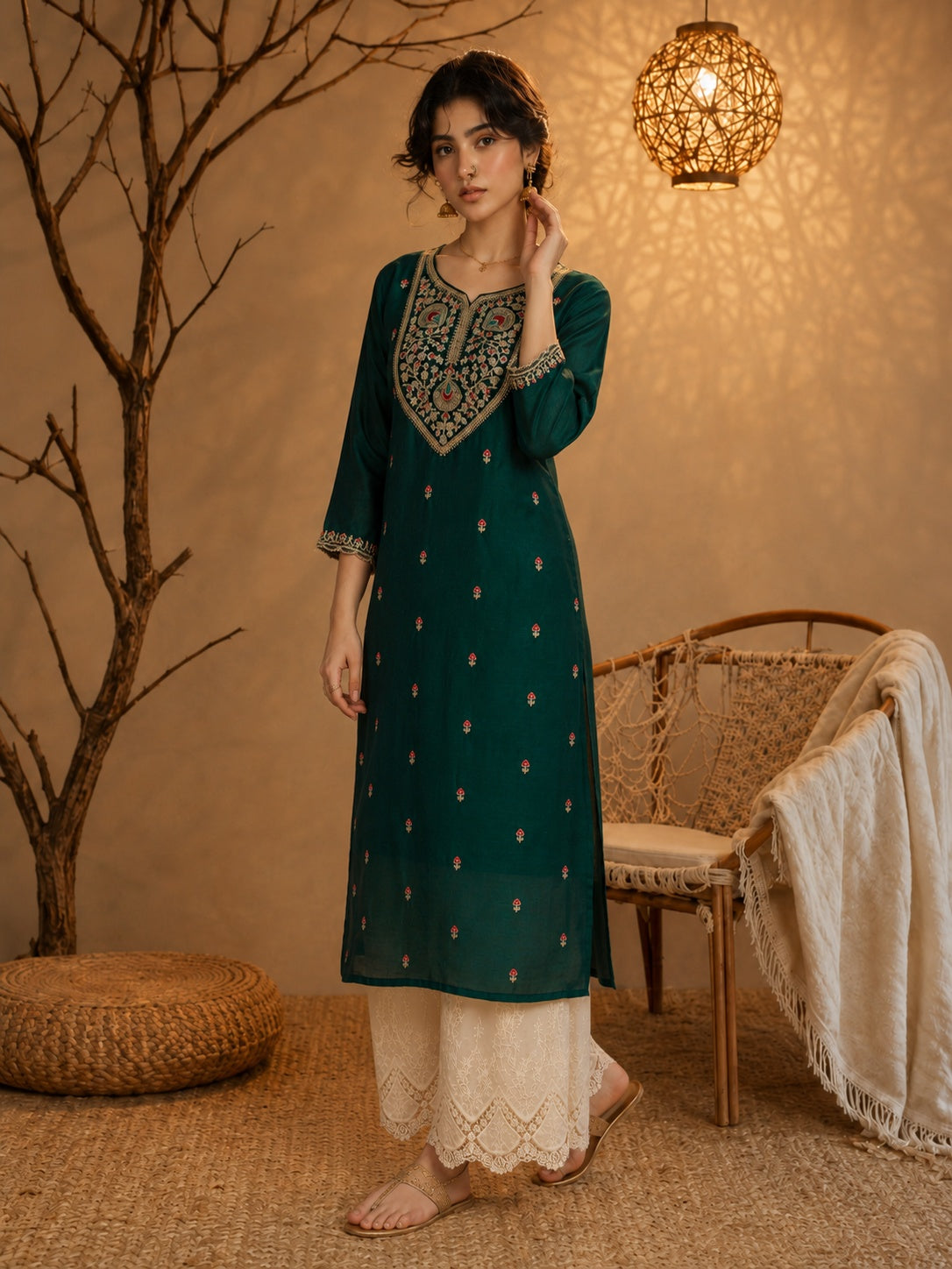 Dark Green Heritage Zari Yoke Silk Kurta