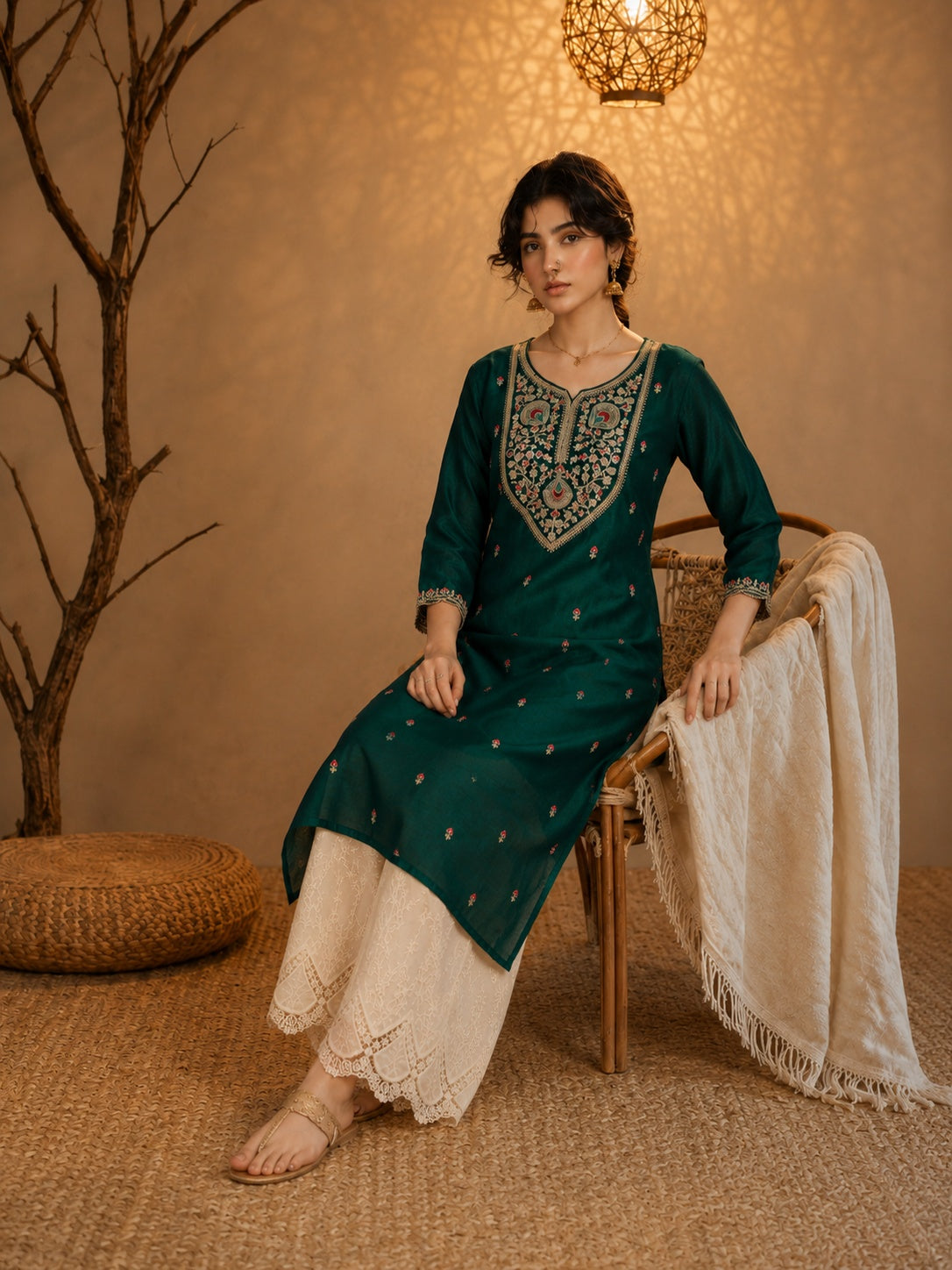Dark Green Heritage Zari Yoke Silk Kurta