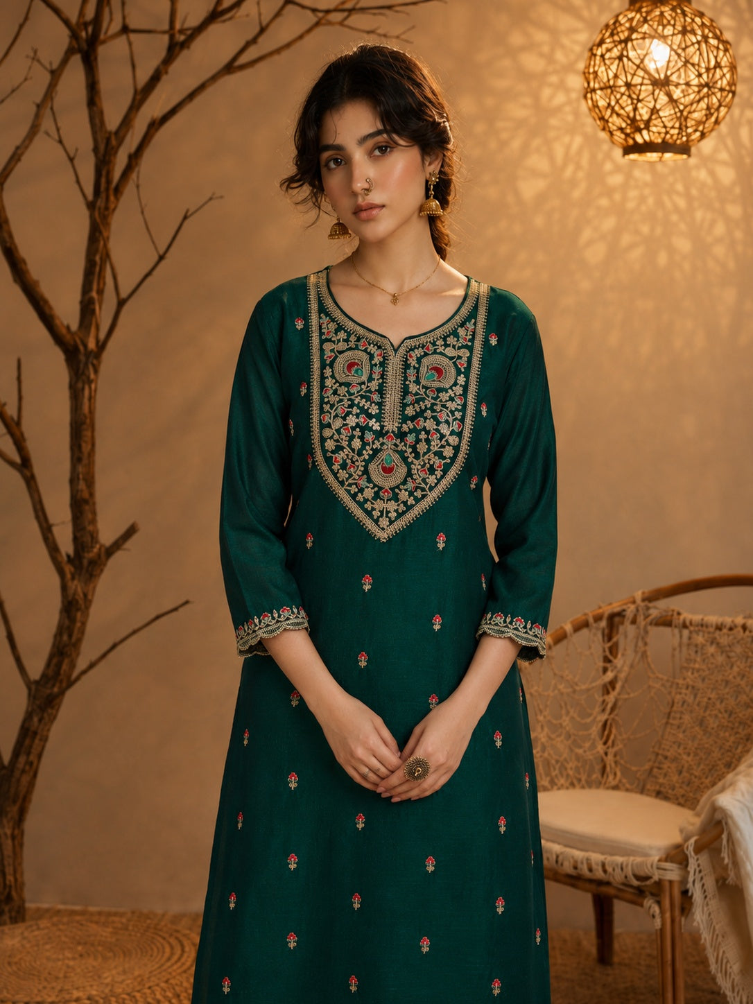 Dark Green Heritage Zari Yoke Silk Kurta
