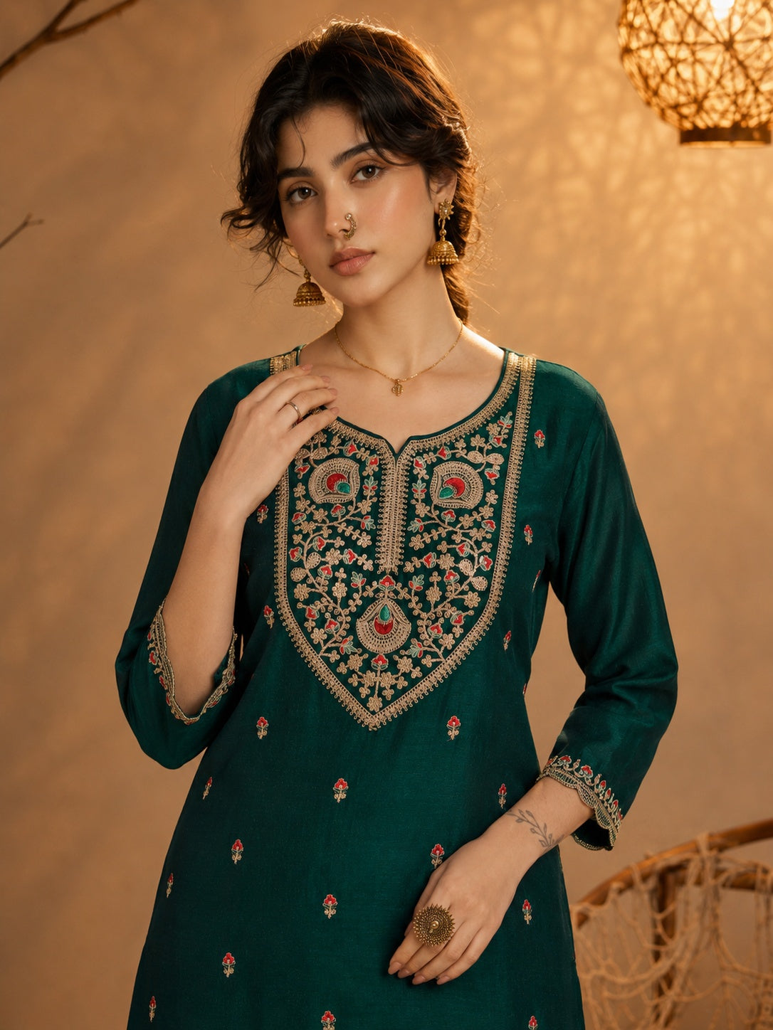 Dark Green Heritage Zari Yoke Silk Kurta