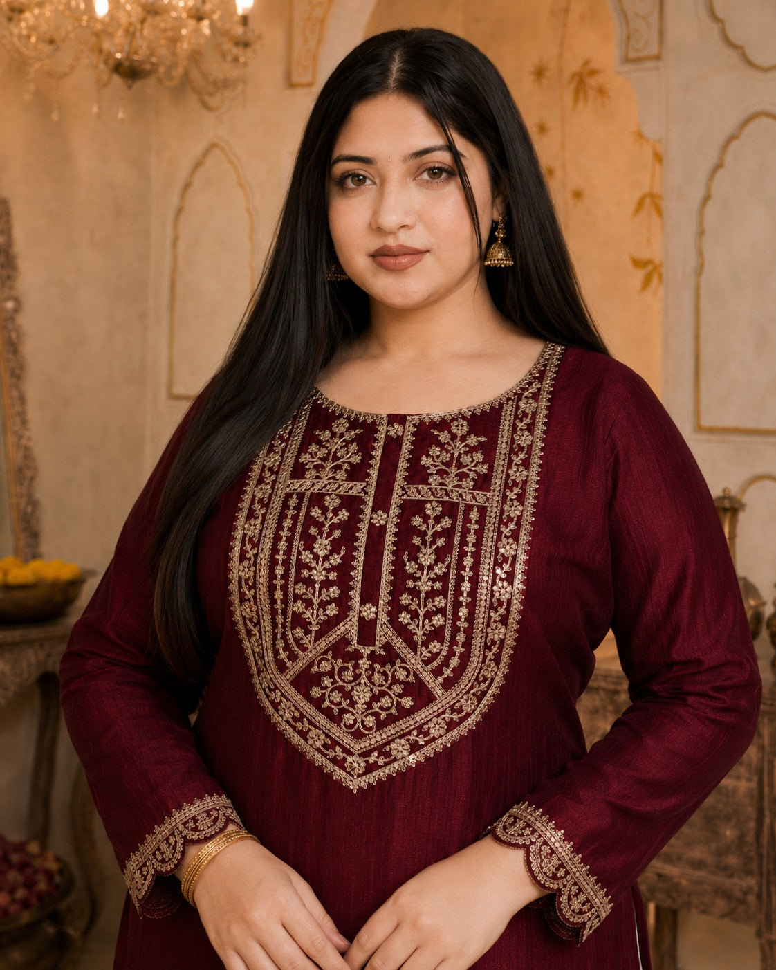 Maroon Big-Button Full-Sleeve Vichitra Silk Kurta
