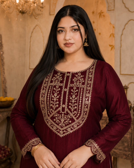 Maroon Big-Button Full-Sleeve Vichitra Silk Kurta