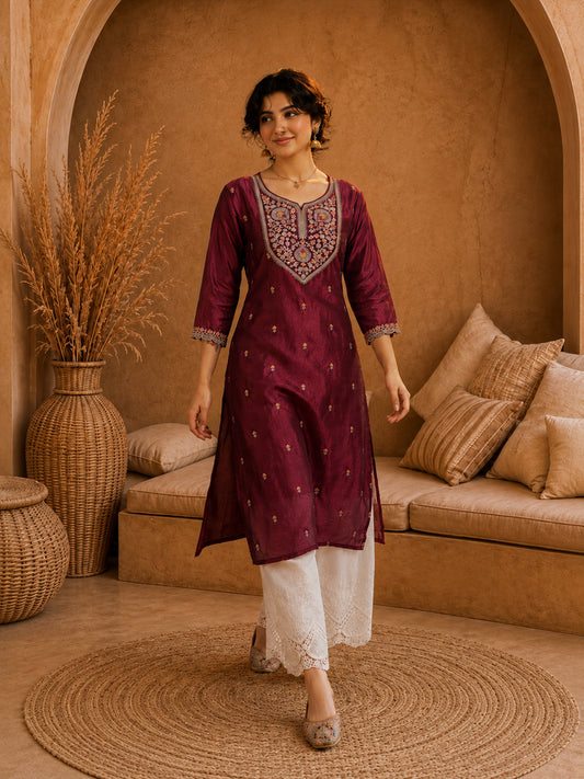 Marron Heritage Zari Yoke Silk Kurta