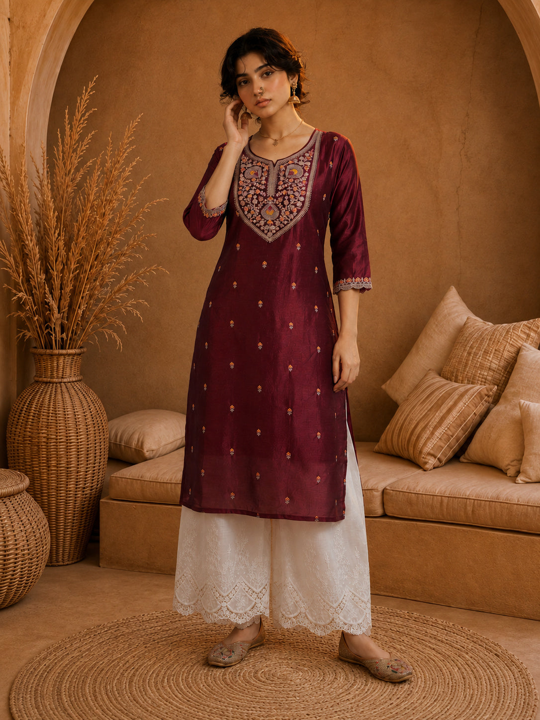 Marron Heritage Zari Yoke Silk Kurta