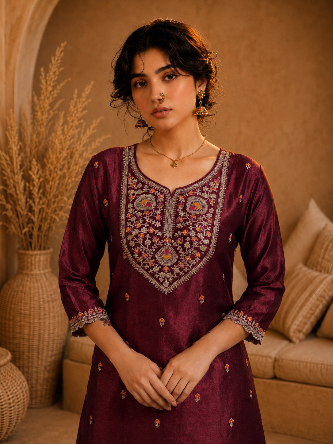 Marron Heritage Zari Yoke Silk Kurta