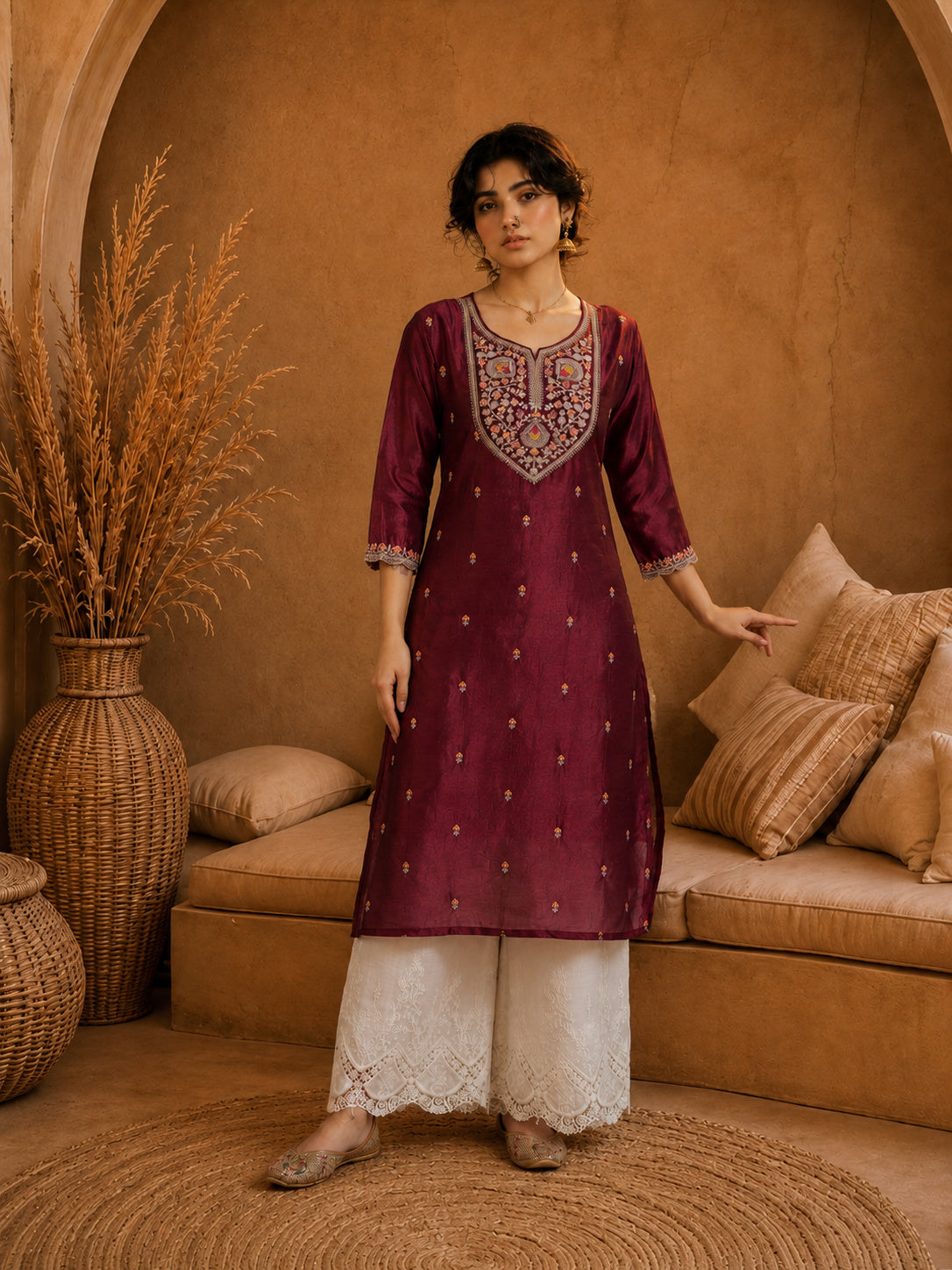 Marron Heritage Zari Yoke Silk Kurta