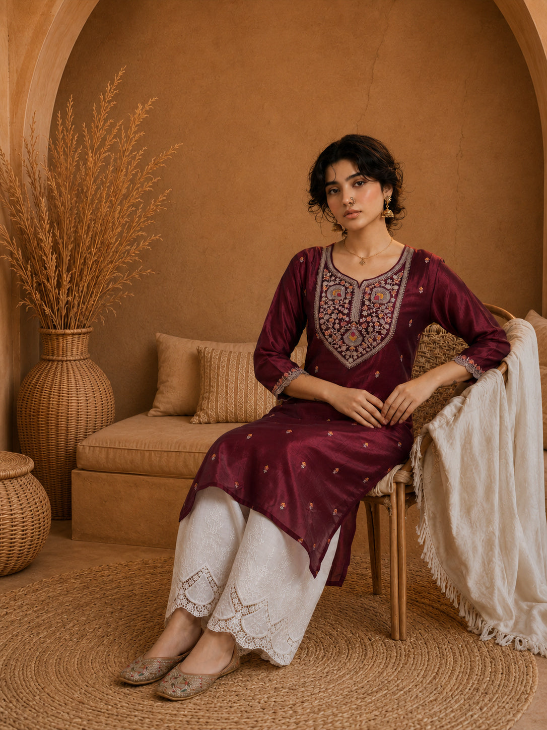 Marron Heritage Zari Yoke Silk Kurta