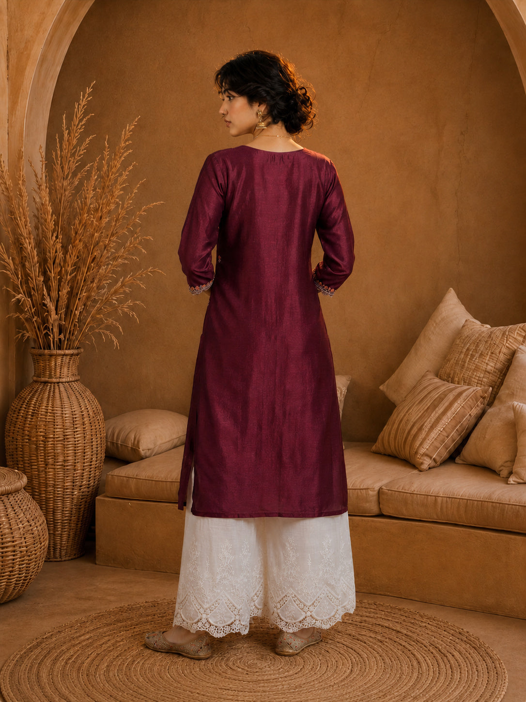 Marron Heritage Zari Yoke Silk Kurta