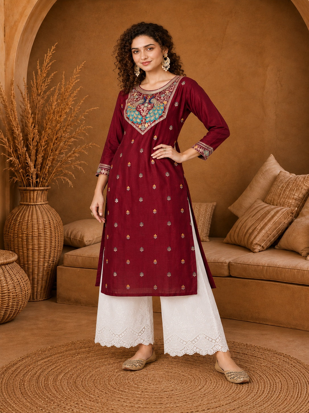 Maroon Twin Peacock Zari Embroidered Silk Kurta