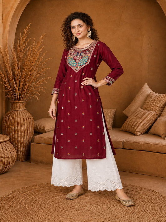 Maroon Twin Peacock Zari Embroidered Silk Kurta