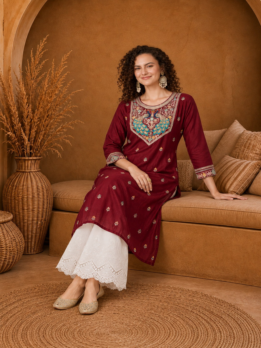 Maroon Twin Peacock Zari Embroidered Silk Kurta
