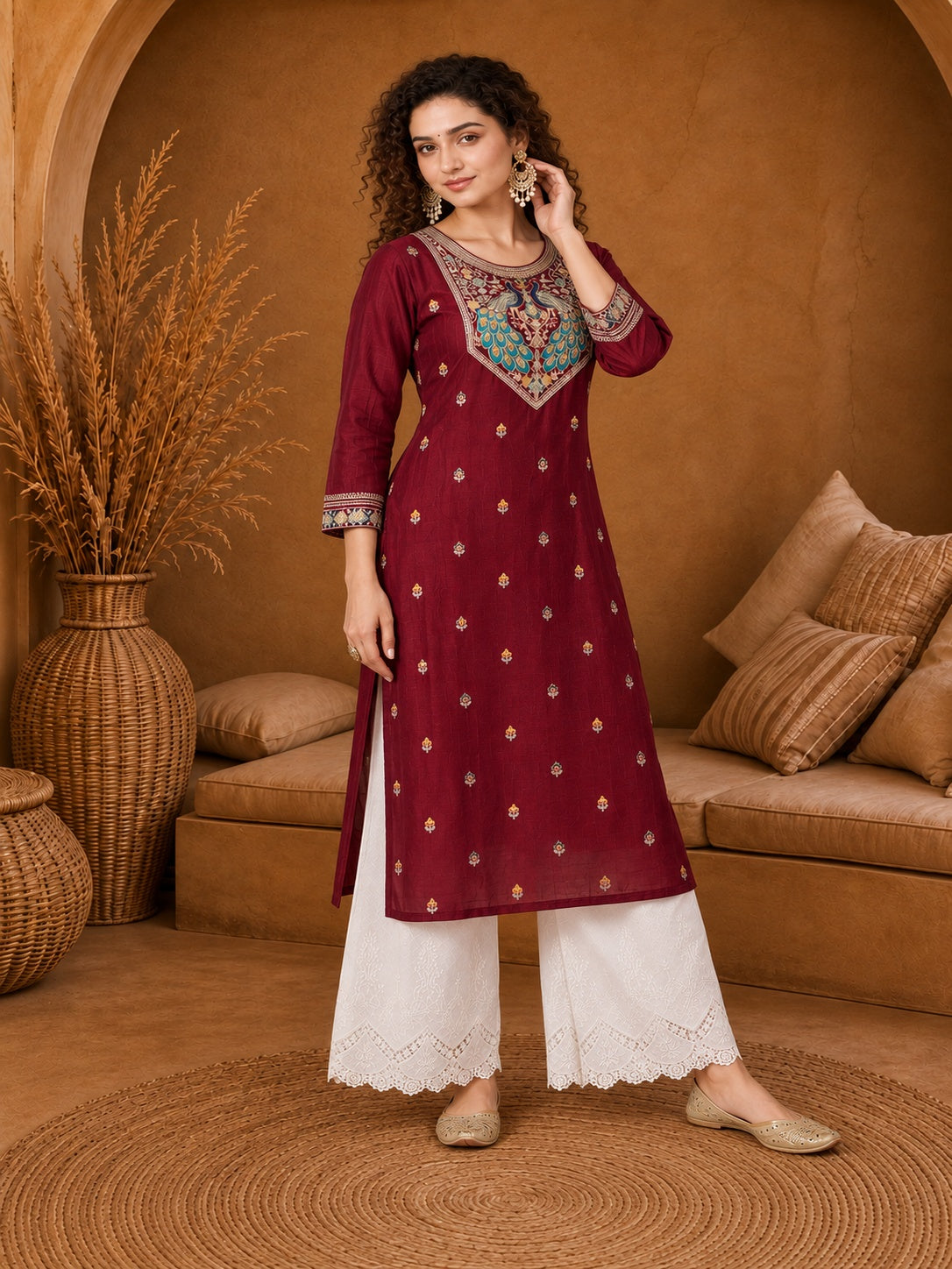 Maroon Twin Peacock Zari Embroidered Silk Kurta