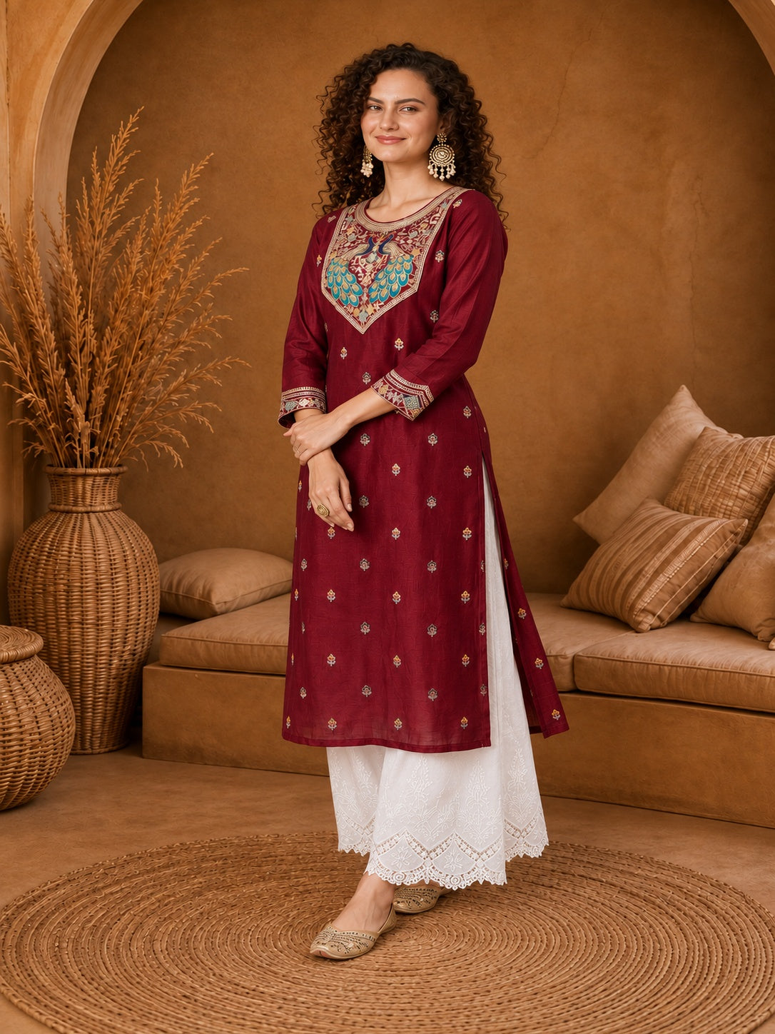 Maroon Twin Peacock Zari Embroidered Silk Kurta