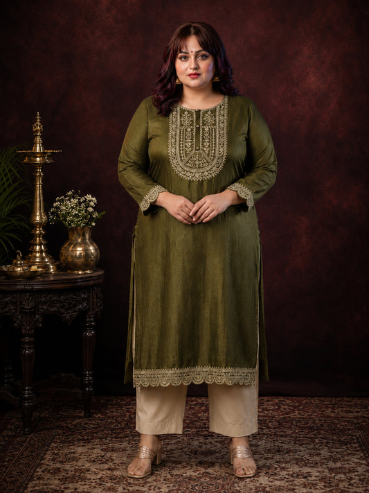 Olive Ujala Embroidered Art Silk Kurta