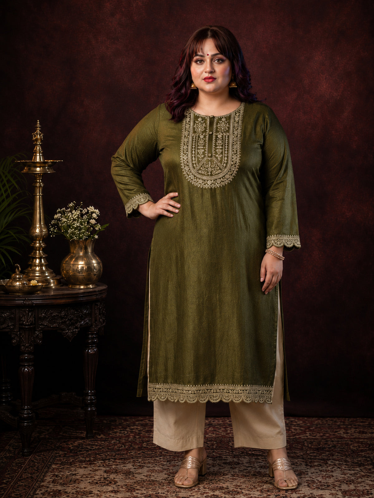 Olive Ujala Embroidered Art Silk Kurta