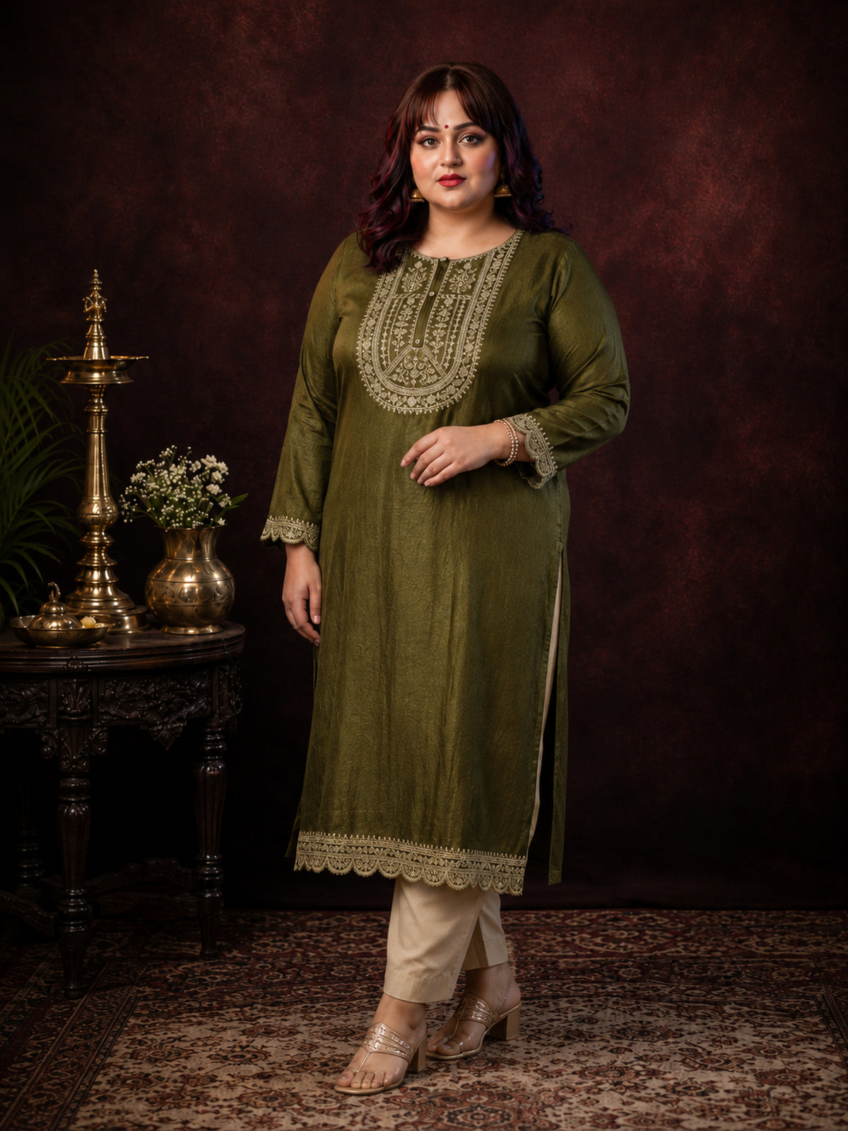 Olive Ujala Embroidered Art Silk Kurta