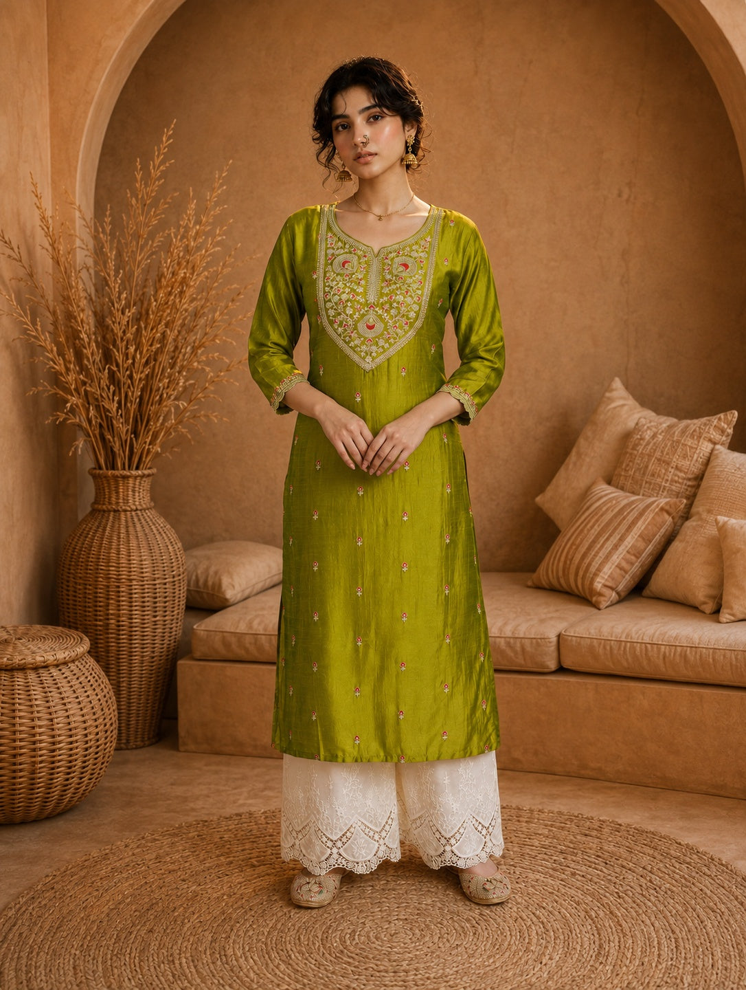 Green Heritage Zari Yoke Silk Kurta