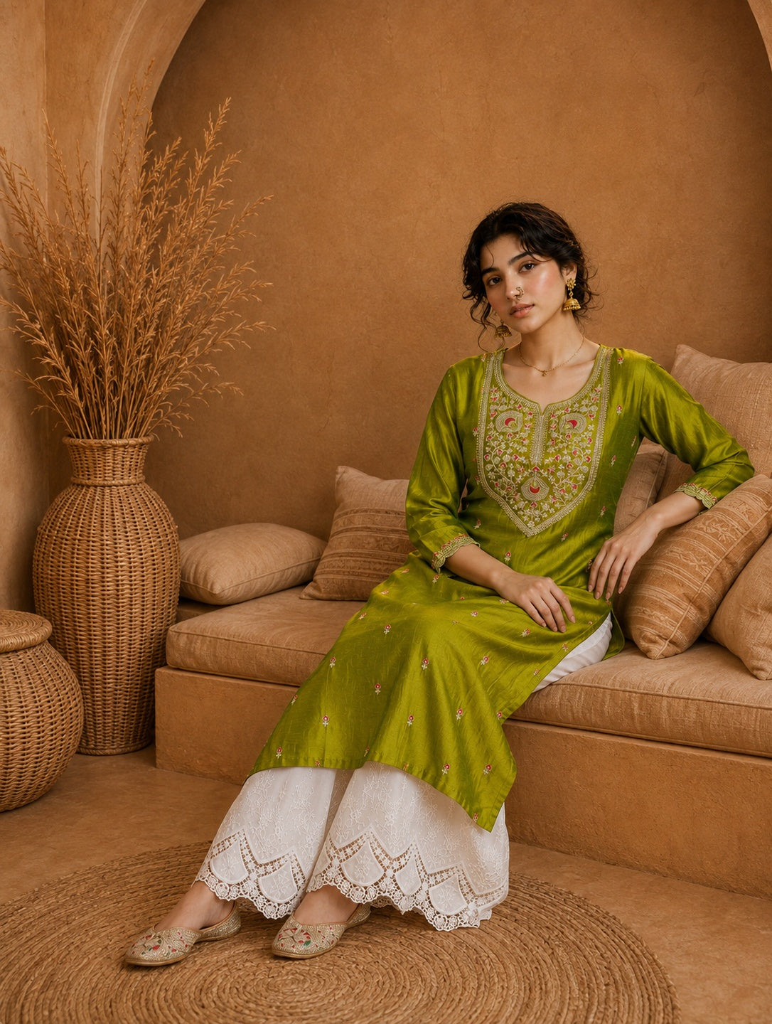 Green Heritage Zari Yoke Silk Kurta